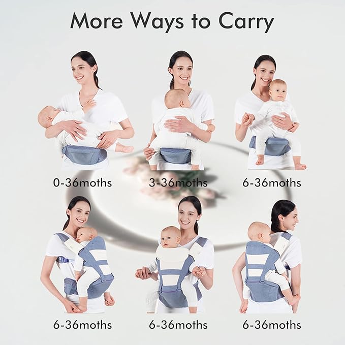 Baby Carrier, Bellababy Multifunction Baby Carrier Hip Seat (Ergonomic M Position) for 3-36 Month Baby, 6-in-1 Ways to Carry, All Seasons, Adjustable Size, Perfect for Shopping Travelling (Blue)