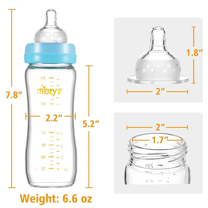 Matyz 8 Ounce Glass Baby Feeding Bottle with Nipple, Light and Slim, Easy to Hold, Food Grade Borosilicate Glass, Wide Neck Breastmilk Feeding Bottle, Easy to Clean, No BPA (Blue Lids)