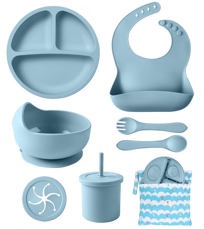 Silicone Baby Feeding Set, 10 Pcs Baby Led Weaning Supplies Baby Eating Essentials Set with Suction Bowl Divided Plate Adjustable Bib Soft Spoon Fork Cup with Lid Drinking Cup, Travel Bag (Blue)