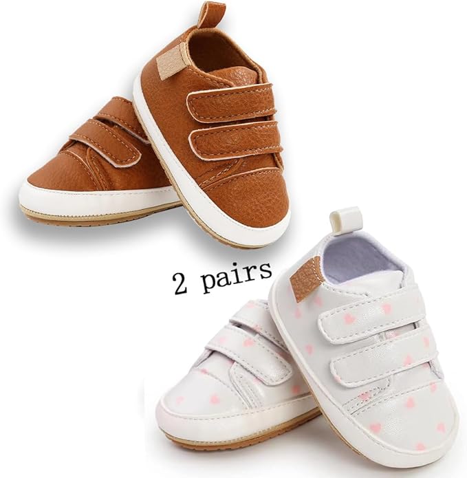 2Pairs Baby Shoes,Boys Girls Non-Slip Rubber Sole Sneakers,Unisex Infant Soft Lightweight First Walking Crib Shoes