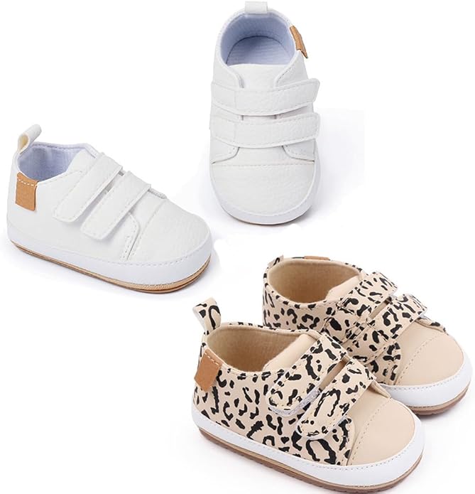 2Pairs Baby Shoes,Boys Girls Non-Slip Rubber Sole Sneakers,Unisex Infant Soft Lightweight First Walking Crib Shoes