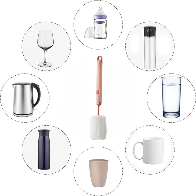 Bottle Brush Long Handle Cup Cleaner Brush Sponge Bottle Scrubber Detachable Handle Portable Sponge Cleaning Brush for Cups Wine Glasses Water Bottles Baby Bottles and Vacuum Flasks (Pink)