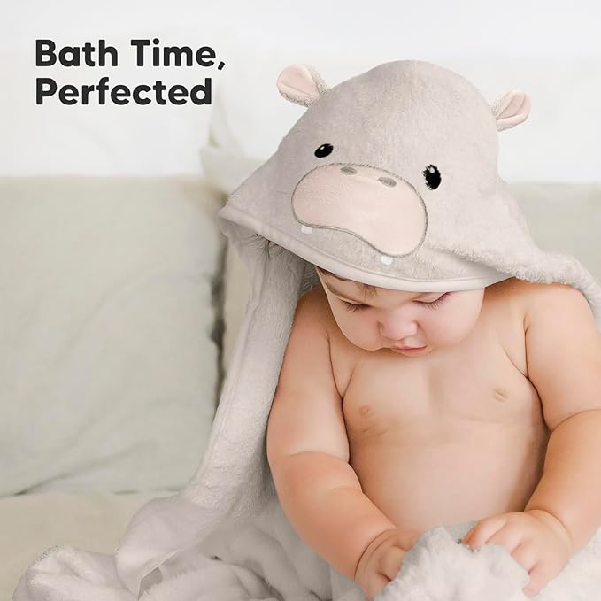 KeaBabies Hooded Baby Towel for Newborn - Viscose Derived from Bamboo Large Baby Bath Towels with Hood for Boys, Girls, Toddler, Extra Absorbent & Soft Newborn Bath Essentials (Hippo, Regular)