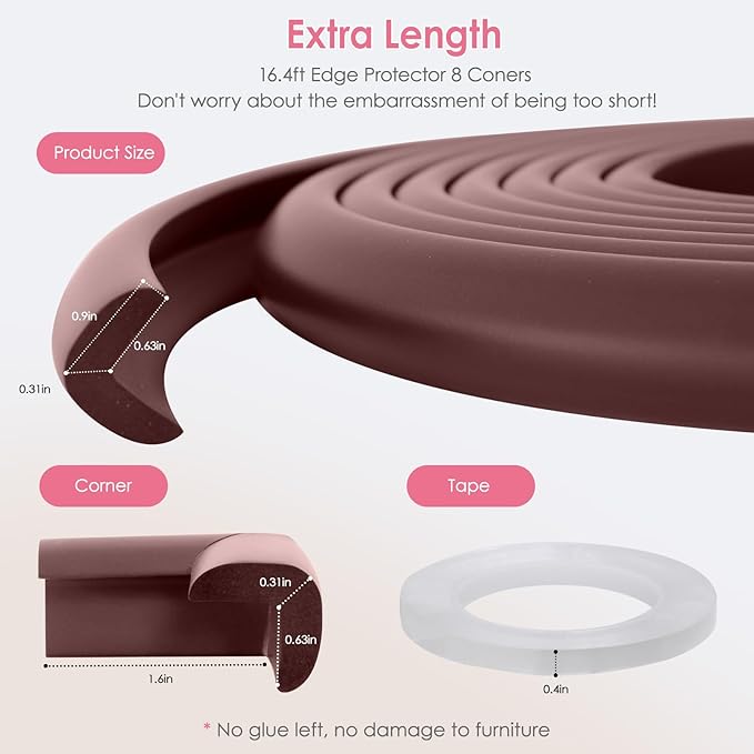 Baby Proofing Corners and Edges Protector Guards (16.5FT Edge +8 Corners), Soft Rubber Foam Edge Protector with Removable Double Sided Tapes, Furniture Table Bumper Guard for Baby Safety-Brown