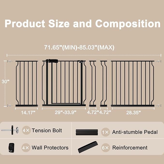 WAOWAO Baby Gate 71.65-85.03" Extra Wide Pressure Mounted Walk Through Swing Auto Close Safety Metal Black Toddler Kids Child Dog Pet Puppy for Stairs,Doorways,Kitchen