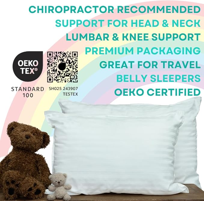 kinder Fluff Children Pillows (2X) - The Only Twin Pillows for Kids 300T Cotton Shell & Down Alternative Fill - Ideal for Travel, Bedding Set & Floor Cushions (16x24in - White)