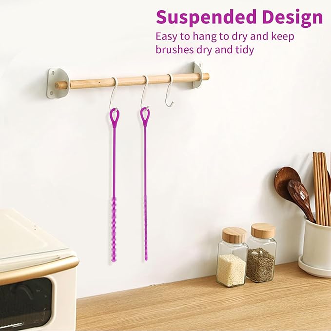 2Pcs Silicone Straw Cleaner Brush, 9.84in Reusable Straw Cleaner with Bendable Steel Core, Extra Long Soft Bottle Brush for Clearing Glass Straws, Smoothie Straws, 9mm&6mm (Purple)