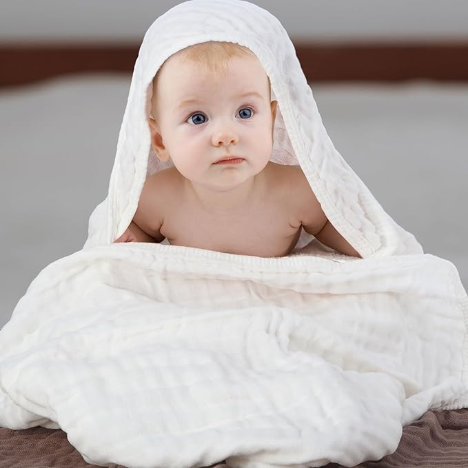 Peryiter 4 Pcs Muslin Hooded Baby Towels, 32"x 32" Cotton Newborn Bath Towel Muslin Infant Baby Blankets Absorbent Unisex Christmas Registry Gift Essentials for Girls Boys (White,Coffee,Blue)