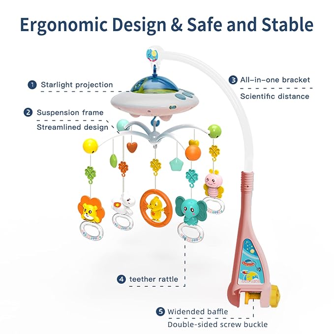 Eners Baby Crib Mobile with Music and Lights, Mobile for Crib with Remote Control, Rotation, Moon and Star Projection, Baby Crib Toys for Boys Girls (Pink)