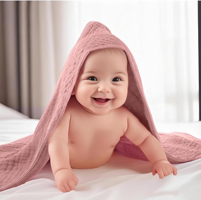 VitalCozy 8 Pcs Baby Muslin Hooded Bath Towels and Washcloths, 32 x 32 Inch Muslin Hooded Baby Towels Absorbent Blankets for Gift Newborn Infant Shower (Pink,Purple)