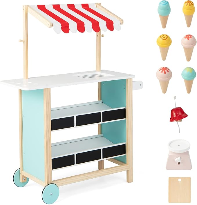 HONEY JOY Kids Ice Cream Cart, Wooden Grocery Store Playset w/6 Pieces Play Food, Realistic Bell & Food Scale, Chalkboard, Pretend Play Dessert Shop Counter Stand Truck, Gift for Boys Girls