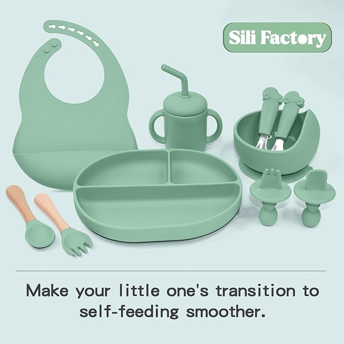 Silicone Baby Feeding Set 10Pcs, Toddler Plates with Suction Baby Bowls, Silicone Bibs for Babies, Toddler Cup, Baby Spoon & Fork, Baby Utensils Feeding Essentials for Starting Solids