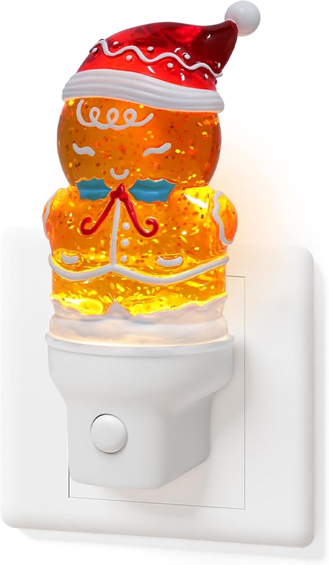 Christmas Night Light Plug into Wall Glitter Water Nightlight with USB/Outlet Options, Christmas Gingerbread Decorative Nightlight for Bedroom Kitchen Nursery Holiday Decorations Gifts (Gingerbread)