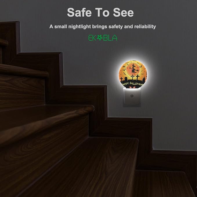 EKOBLA Halloween Night Lights Plug into Wall Scary Graveyard Flying Witch Bat Night Light for Boys Girls Men Women Happy Halloween Decorations