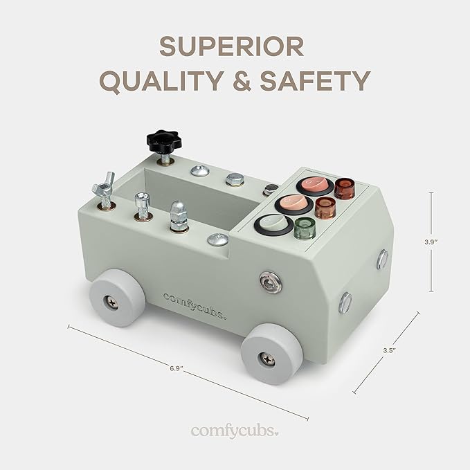 Comfy Cubs Busy Board Toy Truck Set - Fun & Noise-Free, Pine Wood Activity Board for Toddlers with LED Light Switch - Designed in The US, Focused & Engaging Montessori Play for Kids 3+ (Sage)