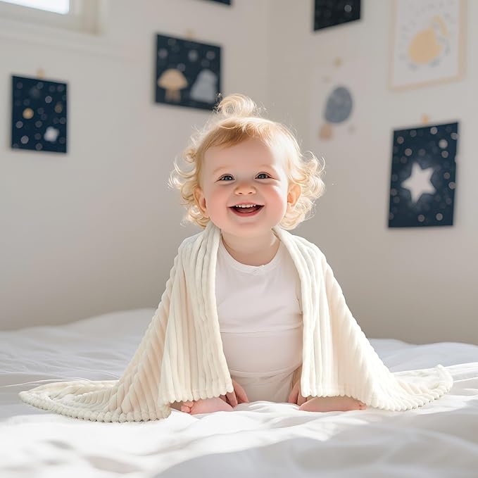 Soft Fleece Baby Blanket Ultra Cozy Baby Blankets for Boys Girls Warm and Lightweight Infant Toddler Newborn Receiving Gift with Reversible Stripes for Crib Stroller, 30x40 Inch, Cream