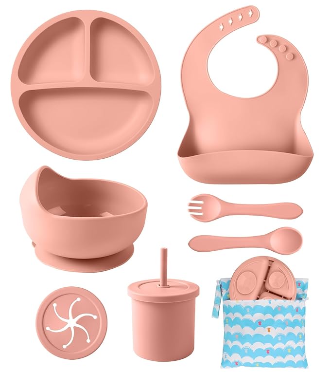 ECLIP Silicone Baby Feeding Set, 10 Pcs Baby Eating Essentials with Suction Bowl Divided Plate Adjustable Bib Soft Spoon Fork Snack Cup with Lid Drinking Cup, Utensil (Brick Red)