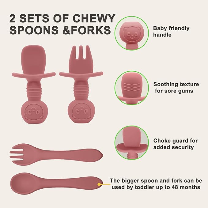 Silicone Baby Feeding Set | Baby Led Weaning Supplies Includes Suction Bowls and Divided Plates, Adjustable Bib, Baby Utensils Spoons and Forks,Cup | Baby Feeding Essentials (Red)