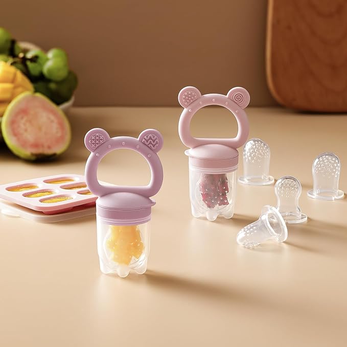 2 Pack Silicone Baby Fruit Feeder with Mini Freezer Tray, Breastmilk Popsicle Molds for Infant Teething Relief, Baby Teethers, Fresh Food Feeder for Safe Infant Self Feeding - Purple