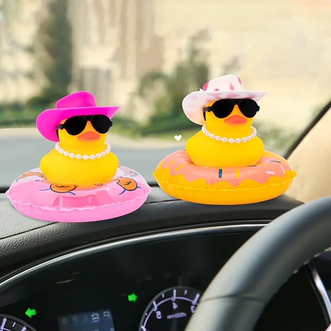 wonuu Car Rubber Duck, Yellow Duck Decoration Dashboard with Sun Hat Swim Ring Necklace Sunglasses for Car Dashboard Decorations