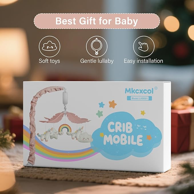 Crib Mobile for Girls - Pink and White Unicorn & Weather Theme, Mobile for Crib with 35 Lullabies & 3 Modes Music Box, Nursery Decoration for Infant Soothing & Sleep