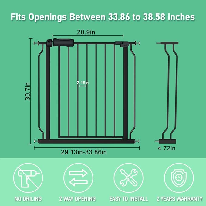 ALLAIBB Extra Wide Pressure Mounted Baby Gate Walk Through Child Kids Safety Toddler Tension White Long Large Pet Dog Gates with Extension for doorways Kitchen (33.86-38.58"/86-98cm, Black)