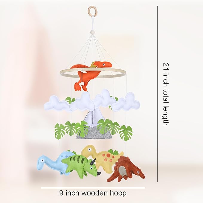 CLYMENE Dinosaur Baby Mobile for Crib | Baby Nursery Dinosaur Mobile | Gender Neutral Baby Stuff for Dinosaur Theme Nursery | Handmade Felt Hanging Dino and Mountain Room Decor for Boys & Girls