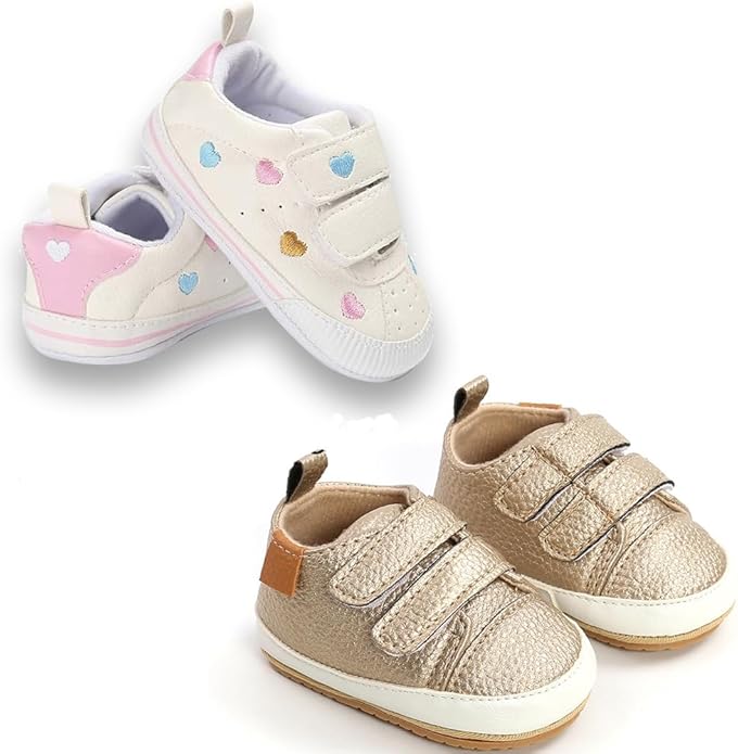 2Pairs Baby Shoes,Boys Girls Non-Slip Rubber Sole Sneakers,Unisex Infant Soft Lightweight First Walking Crib Shoes