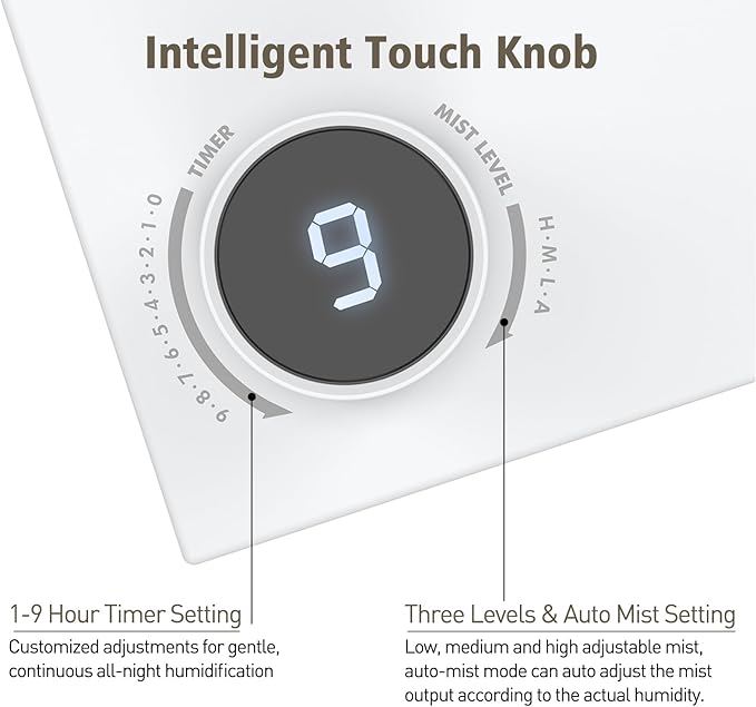 Stainless Steel Humidifier, Cool Mist Humidifiers with Only 3 Parts Easy to Clean, Top Fill Humidifier with 1-9H Timer, 30dB Whisper-Quiet, Filterless for Bedroom Large Baby Room Office