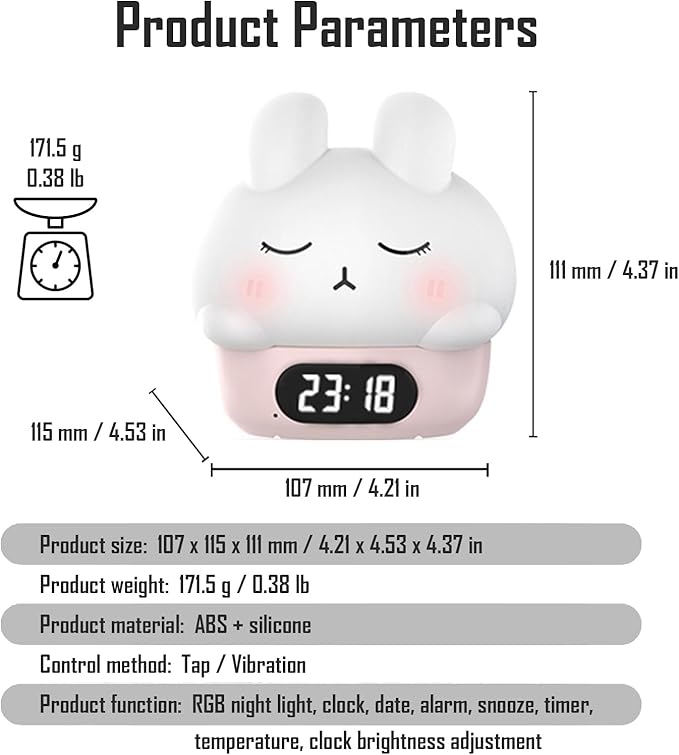 Cute Bunny RGB Rechargeable Night Light, Soft Silicone Lampshade, Adjustable Brightness LED Clock, Date, Alarm, Thermometer, Timer, Tap Control, Bedroom Lamp, Gift for Girl and Kid (Pink Bunny)
