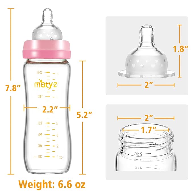 Matyz Glass Breastmilk Baby Feeding Bottle with Nipple, 2 Pack, 8 oz Slim and Light Bottle Easy to Hold, Food Grade Borosilicate Glass, Wide Neck Easy to Clean, No BPA (Pink Lids)