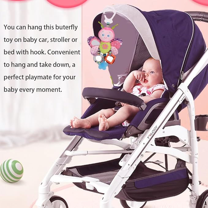 D-KINGCHY Baby Car Seat Stroller Plush Hanging Rattle Toys Newborn Crib Bed Around Toy with Teether Rattle Sound for 0-3 Years Old (Butterfly)