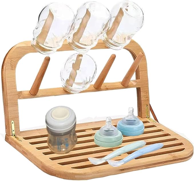 Baby Bottle Countertop Drying Rack Bamboo,Space Saving Kitchen Drying Rack & Bottle Holder for Nipples, Cups, Pump Parts, Accessories, Reusable Ziplock and Freezer Bag Dryer Rack