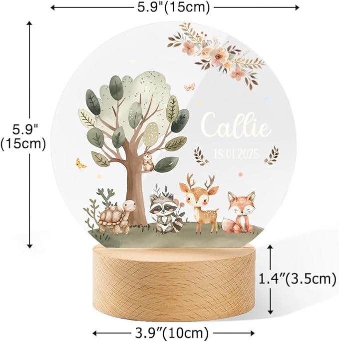 callie Acrylic Night Light Name Plate Personalized, Custom Cute Fox Deer Turtle Forest Animal with Wooden Base Bedroom Decor, Birthday Gifts Kid Gifts for Family (Forest Fauna)