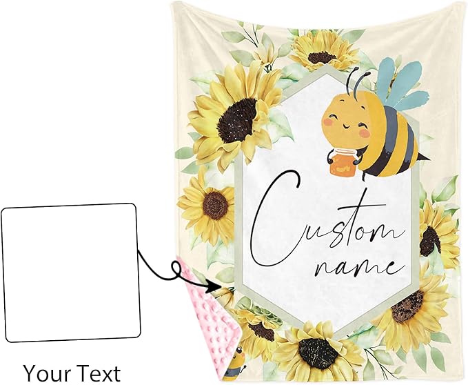 Personalized Newborn Blanket – Soft Flannel Receiving Swaddle with Double-Layer Dotted Backing – Bee and Yellow Flower Design