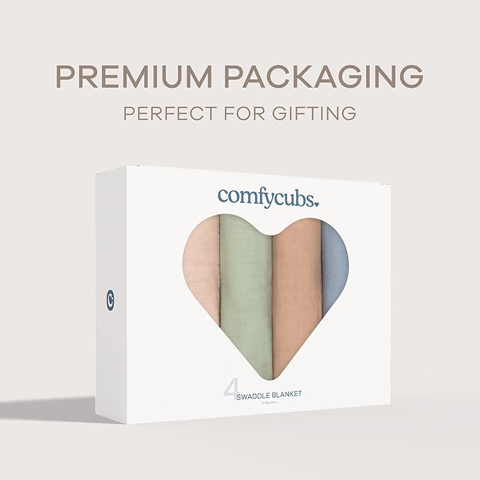 Comfy Cubs Muslin Swaddle Blankets Pack of 4, 47 x 47 Inches, Soft Cotton Baby Blanket Set, Large Multipurpose Swaddling Wraps for Newborns - Self-Soothing Swaddle - Pacific, Cedar, Sage, Blush