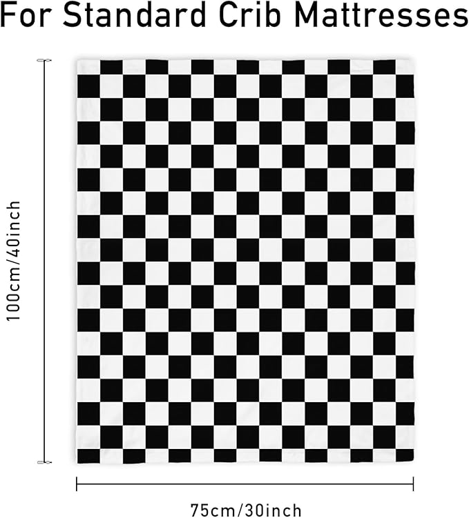 Checkered Baby Blankets for Boys, Comfy Durable Blanket with Double Layer Dotted Backing Checkerboard Grid Chessboard Gingham Bed Blankets for Newborn Infants Black, 30x40 Inches