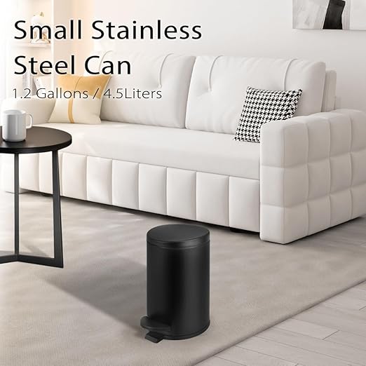 TIPGO 1.2 Gallon Small Black Trash Can, 4.5 Liters Bathroom Garbage Can with lid, Mini Step Trash Bin, Stainless Steel Wastebasket for Bathroom, Bedroom, Office (Matte Black)