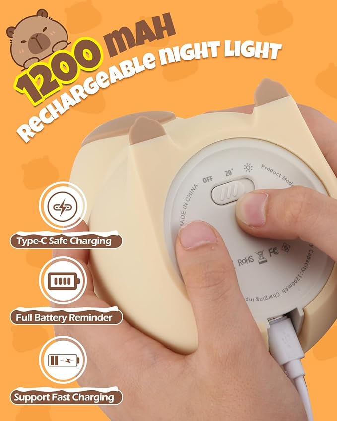 Cute Capybara Night Light, Animal Lamp, Food Grade Silicone, Rechargeable, 2 Level Dimmable, Squishy Nursery Nightlight for Desk Decor, Funny Gifts Stuff for Boys Girls Baby, White Elephant Gifts