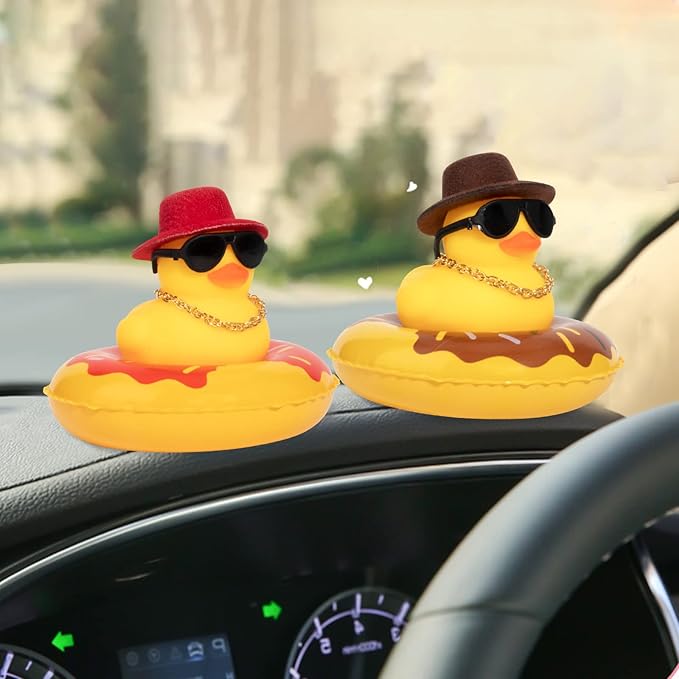 wonuu Car Rubber Duck, Yellow Duck Decoration Dashboard with Sun Hat Swim Ring Necklace Sunglasses for Car Dashboard Decorations