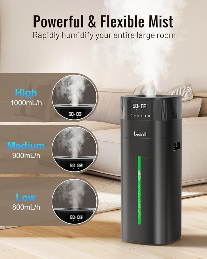 Cool and Warm Mist Humidifier Large Room, 5.3Gal/20L Humidifiers for Home 2000 sq ft, Whole House Humidifiers with Diffuser Extended Tube, Air Humidifier for Bedroom Nursery Baby Plants Black