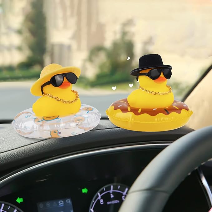 wonuu Car Rubber Duck, Yellow Duck Decoration Dashboard with Sun Hat Swim Ring Necklace Sunglasses for Car Dashboard Decorations