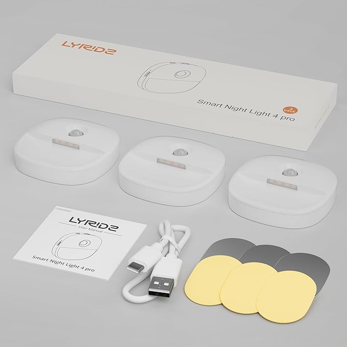 Lyridz Rechargeable Night Light, Motion Sensor Battery Nightlights, Mini Stick-on LED Closet Light, 1-20LM Dimmable Brightness for Bedroom, Kitchen, Washroom, Stairs, Hallway, 3-Pack