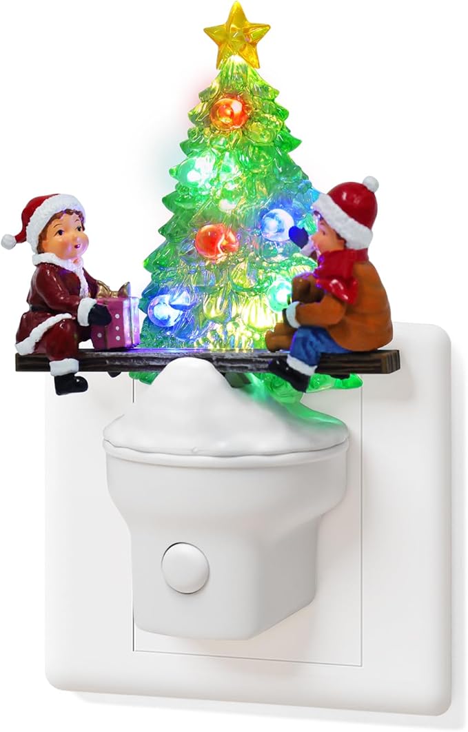 Christmas Night Light Plug into Wall Nightlight with USB/Outlet Options, Christmas Tree Decorative Night Light for Bedroom Kitchen Nursery Holiday Decorations Gifts (Seesaw)