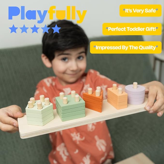 ANGORA BRANDS Stacking Toy for Toddlers - Wooden Shape & Color Sorting - Montessori, Educational, Development Toy by Playfully