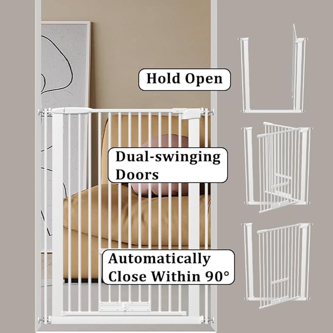 40.55" Tall 1.37" Ultra Narrow Spacing 57.68-73.43" Extra Wide Dogs Pets Baby Gate with Cat Door for Doorway Safety Proof Indoor Puppy Pressure Mounted No Drill White Black Metal Hallway