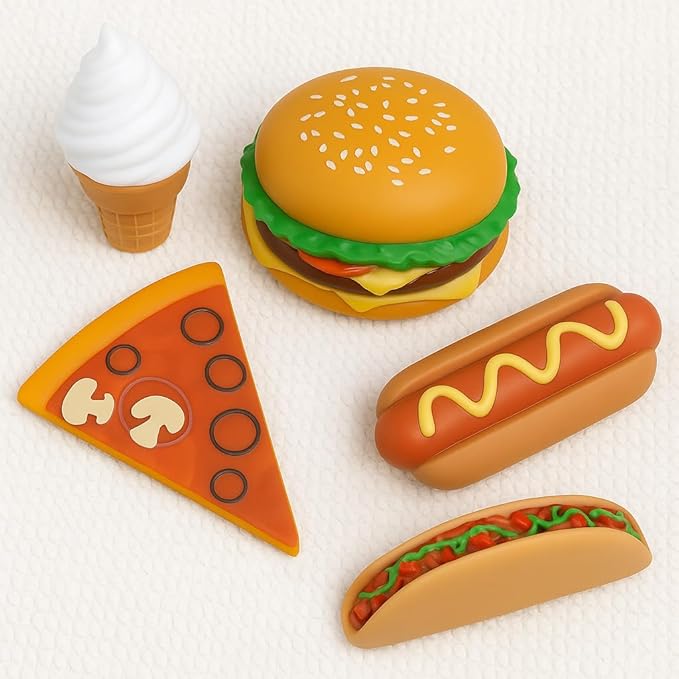 SplashEZ Food Bath Toys | Mold Free Bath Toys for Kids & Toddlers with No Hole for Water | Ideal Size for Little Hands | Safe, Durable for Baby Tub Ages 0 & Up | Ice Cream Taco Hamburger Hot Dog Pizza