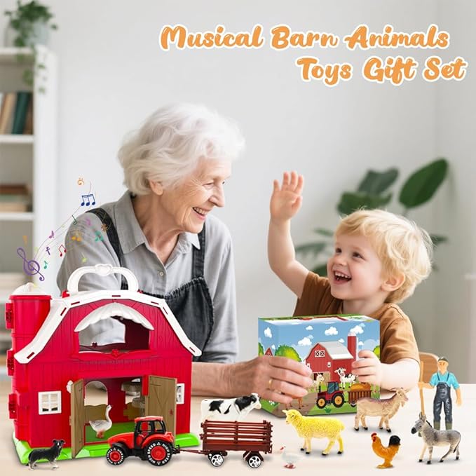 Big Red Barn Toys for Toddlers 1-3, Farm Animal Figures Playset with Tractor for 2 3 4 5 Year Old Kids, Musical Preschool Montessori STEM Learning Toys, Christmas Birthday Easter Gift for Boys Girls