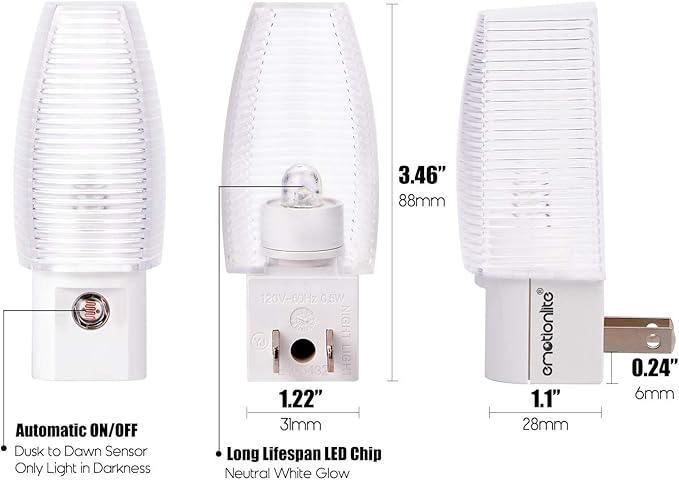 Emotionlite Plug in Night Light, Neutral White LED Nightlight, Dusk to Dawn Sensor, Kids, Nursery, Bedroom, Bathroom,Hallway, Stairs, Kitchen, 4 Pack