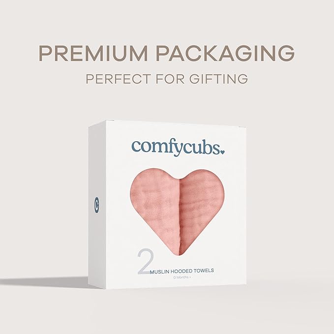 Comfy Cubs Hooded Baby Towel 2-Pack, Large 32 x 32 Inch - 6 Layer 100% Muslin Cotton for Babies, Toddlers and Kids - Soft & Absorbent Baby Bath Towels - Unisex Design for Bath Time - Bold Blush